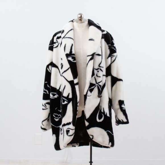 Vintage 80s L Faux Fur Faces Print Wrap Midi Coat - Picture 8 of 16